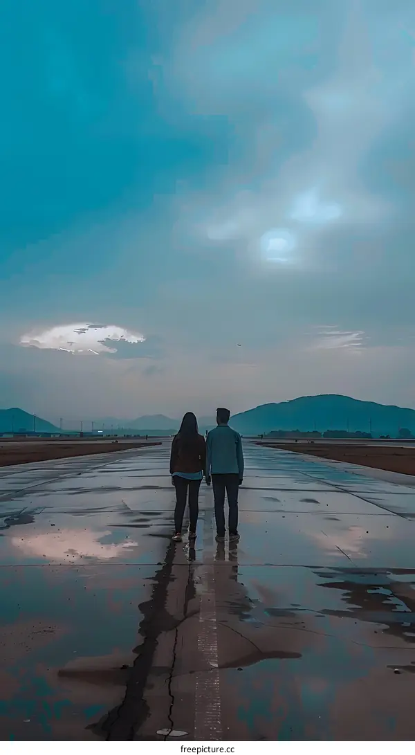 Couple Walking On Runway During Rainy Day