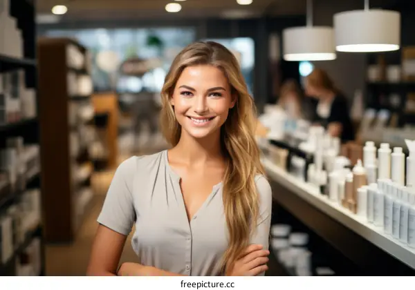 Portrait of a smiling young woman standing in a drugstore with her arms crossed