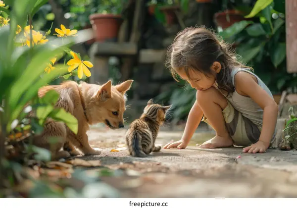 Little girl playing with a puppy and a kitten