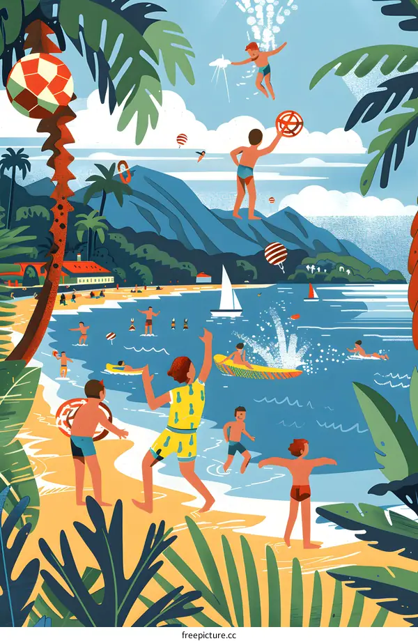 Summer Fun on the Beach with Kids Playing and Swimming