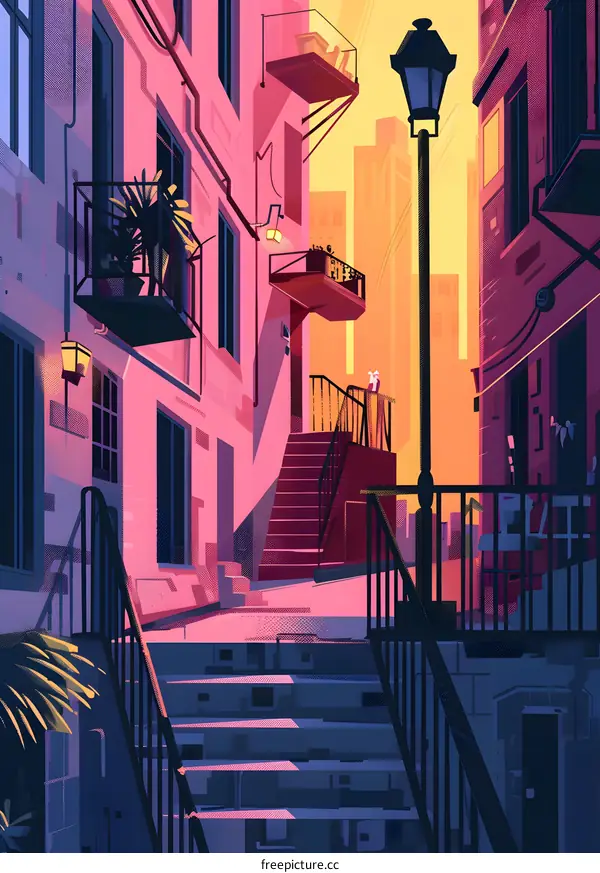 Cityscape Illustration with Sunset and Staircase