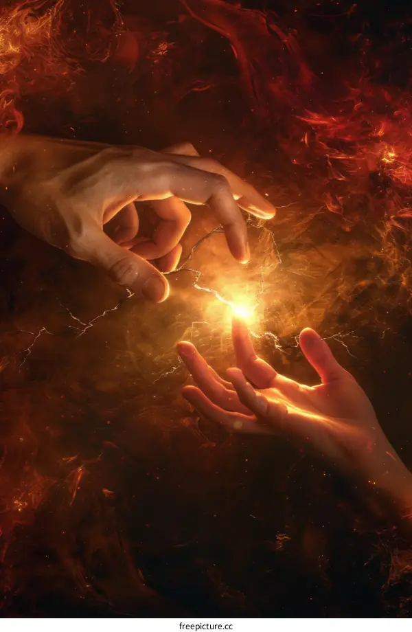 Fantasy Illustration of Two Intertwined Hands with a Vibrant Lightburst