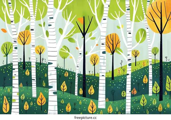 Abstract Birch Forest Illustration with Green and Yellow Tones
