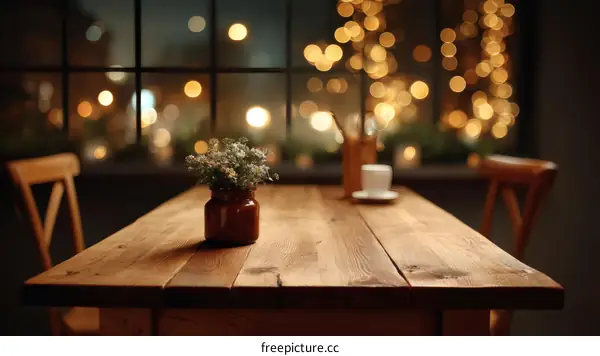 Rustic Wooden Table Setting at Night