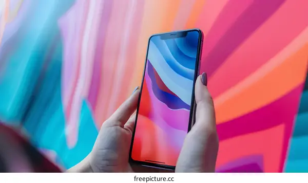 Woman Holding a Smartphone with Colorful Background