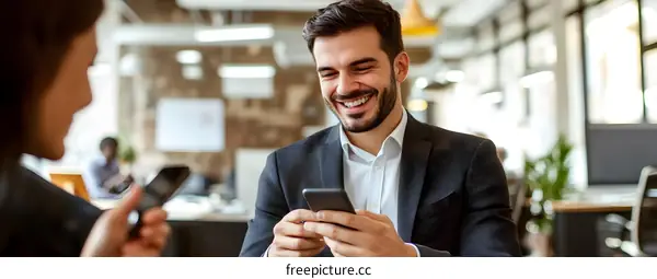 Smiling Businessman Looking At His Phone In Office