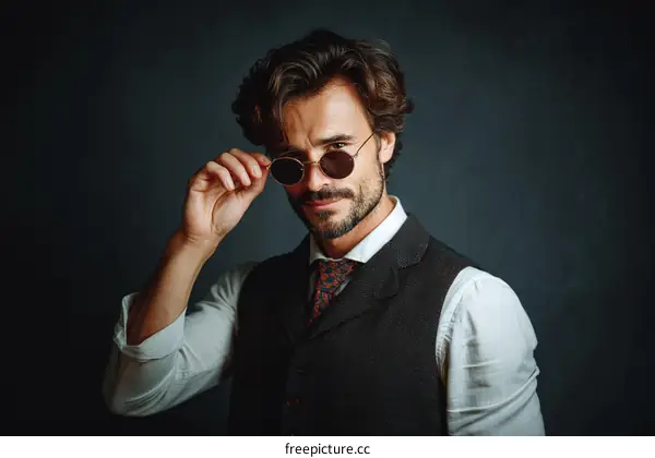 Stylish Man in Vintage Outfit Against Dark Background