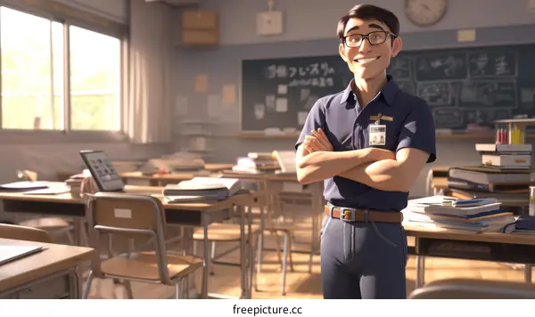 Male Asian teacher with glasses standing in a classroom