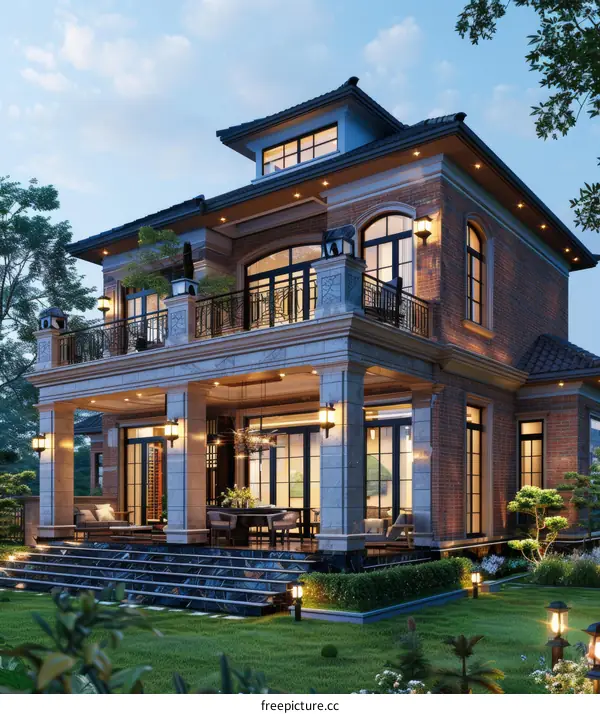 European style two-story house with brick exterior and large windows