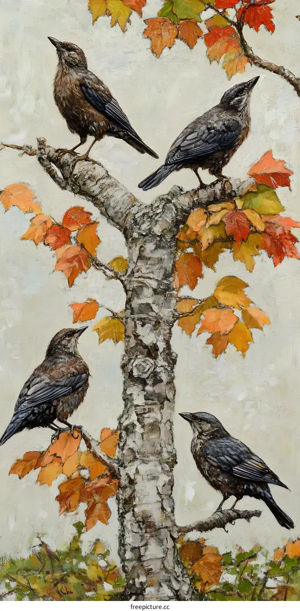 Four Birds Perched on a Tree Branch With Autumn Leaves