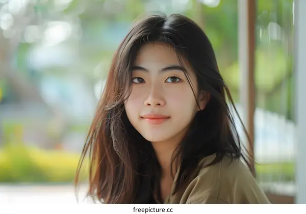 Portrait of a Young Asian Woman with Long Black Hair Smiling
