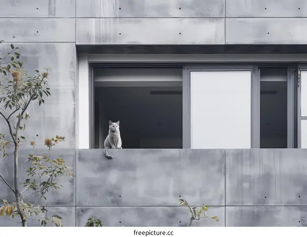 A gray cat is sitting on a ledge outside a modern building