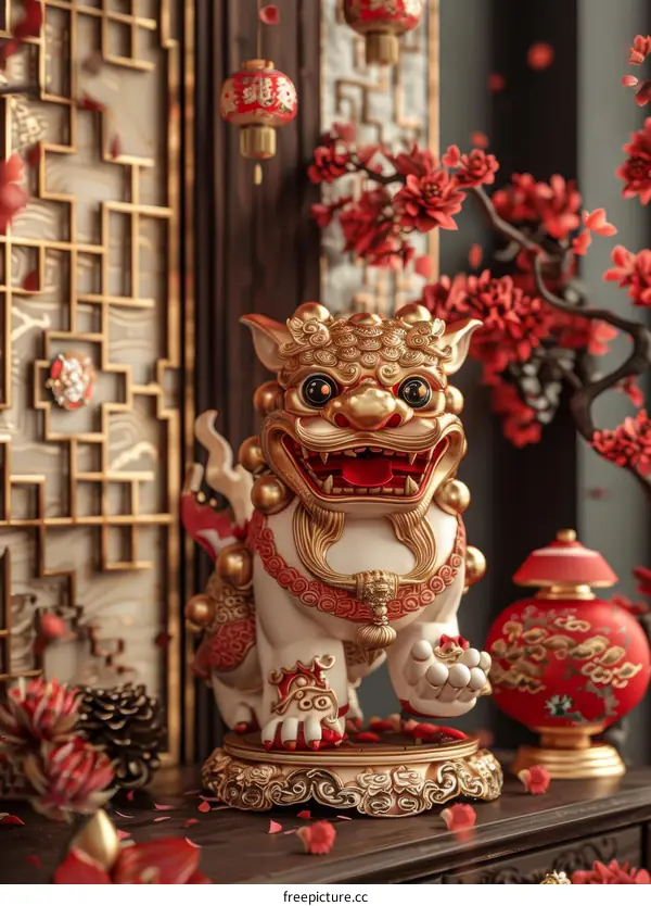 A traditional Chinese lion statue decked in red and gold ornaments