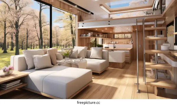 The interior of a modern tiny house with a living room, kitchen, and bedroom