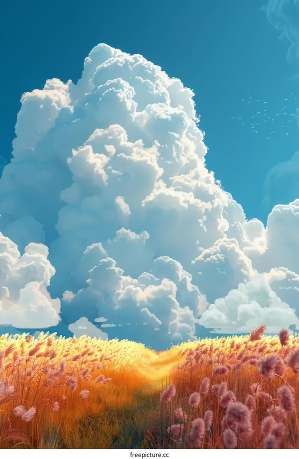 Cloud-Dotted Sky over Field of Flowers