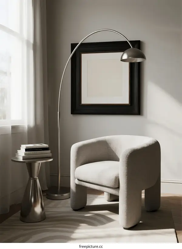 Modern Living Room with Armchair, Floor Lamp and Mirror