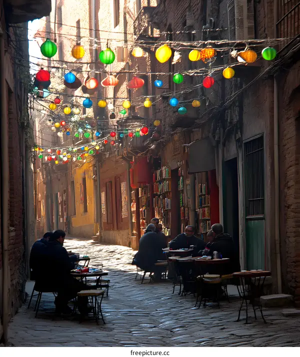 Colorful Lanterns Hanging Above Narrow Street with Men Sitting at Cafe Tables