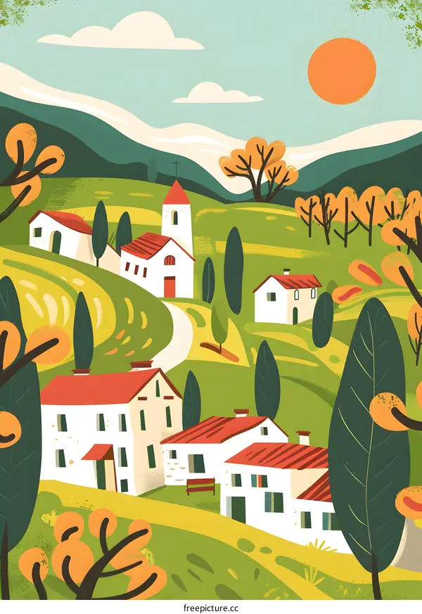 Green Hills with Colorful Houses and Trees