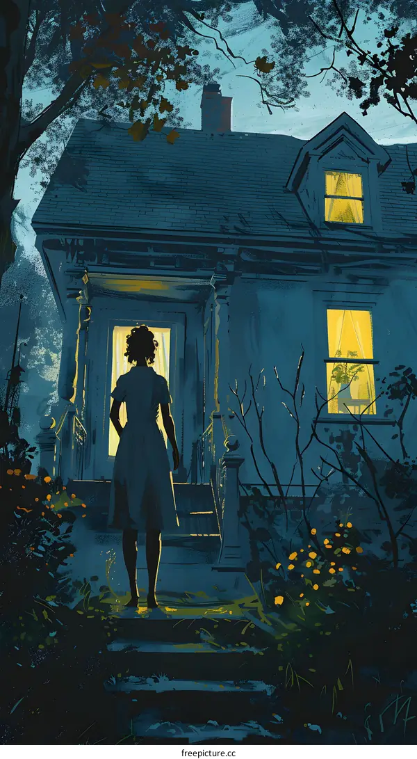 A woman standing alone in front of a house