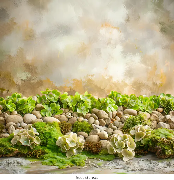 Green Plants and Stones with Rustic Background