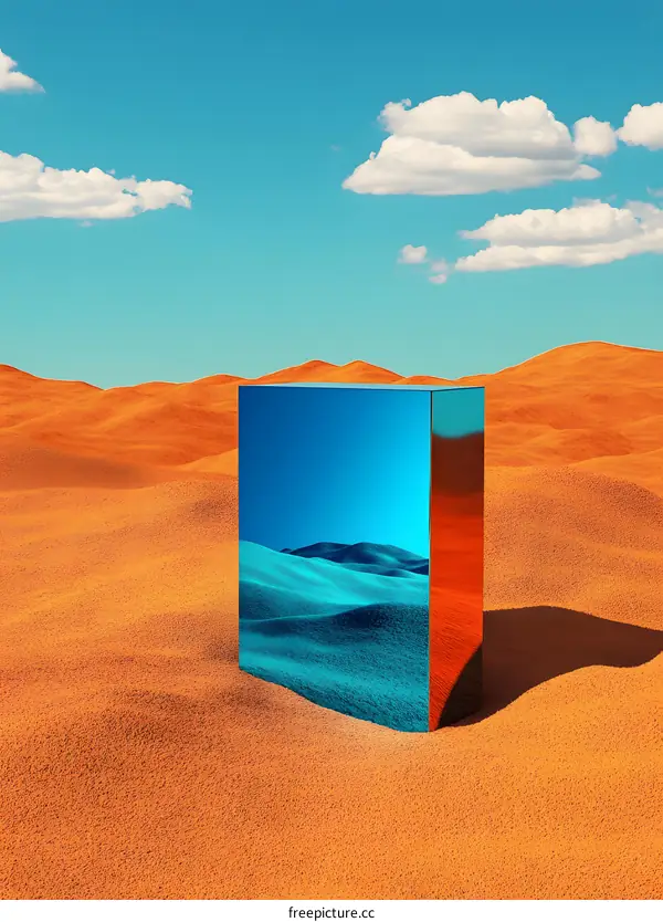 Reflective Cube in a Desert Landscape