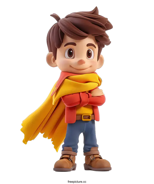 [Transparent Background PNG]Cute Cartoon Boy With Yellow Scarf  In Red Jacket And Blue Jeans