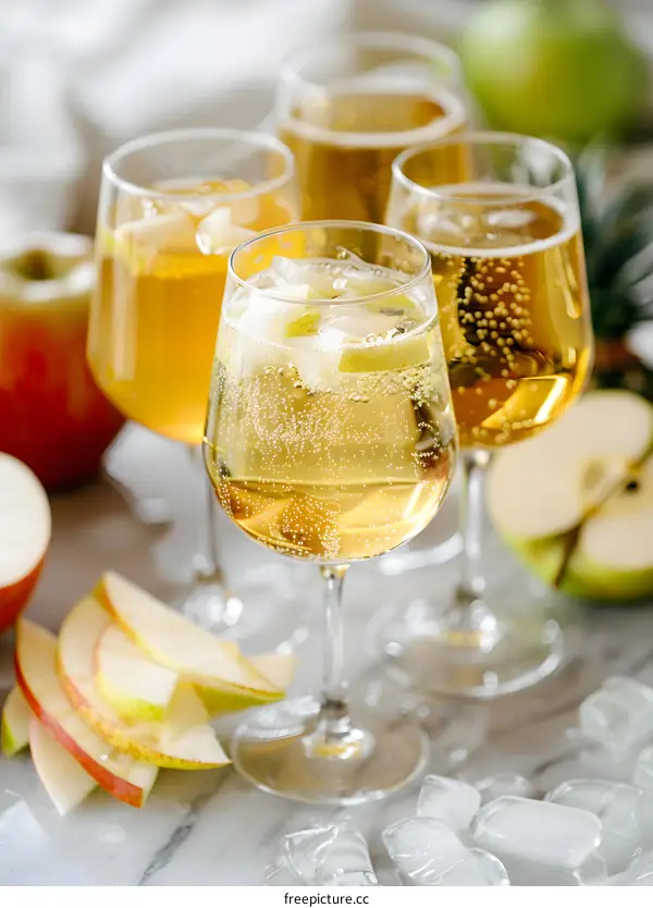 Sparkling Apple Cider With Ice Cubes and Slices of Apples
