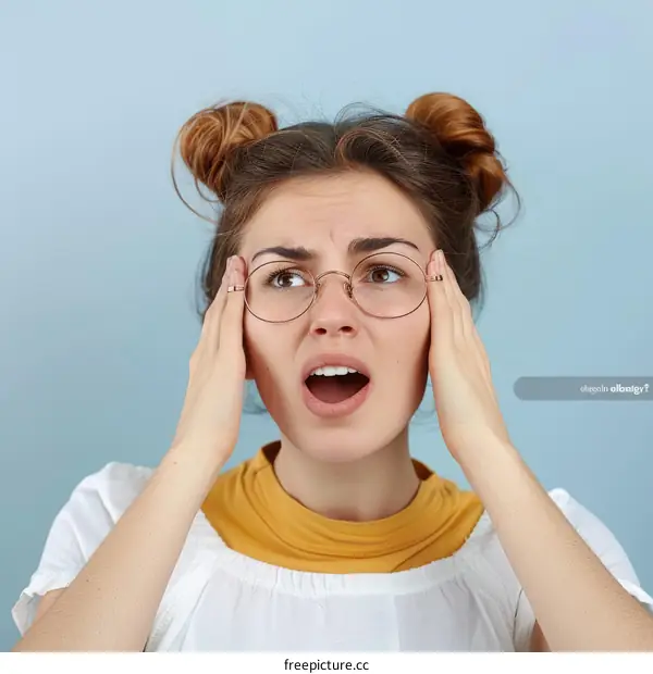 Shocked Young Woman Wearing Glasses and Holding Her Head