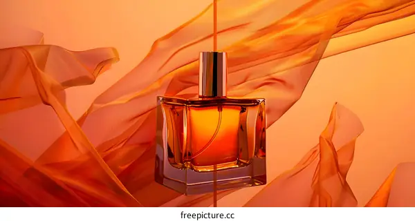 Orange Perfume Bottle with Fabric Background