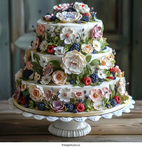 Three-tiered wedding cake decorated with flowers and berries