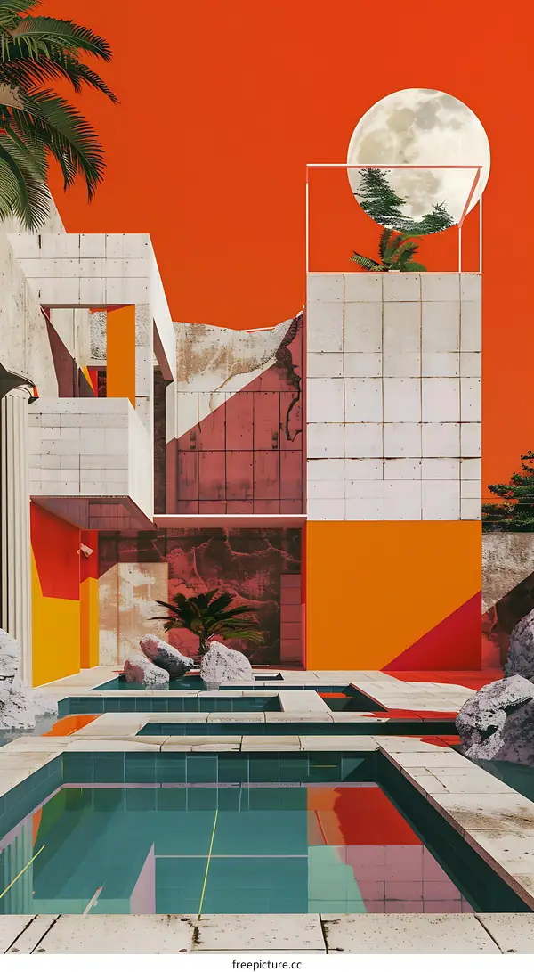 Modern Architecture with a Swimming Pool Under a Large Moon