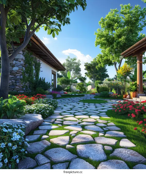 Country villa with a pathway and flower garden
