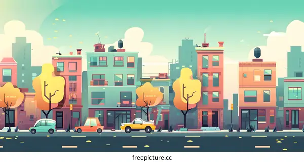 Colorful Cityscape Illustration With Buildings and Cars