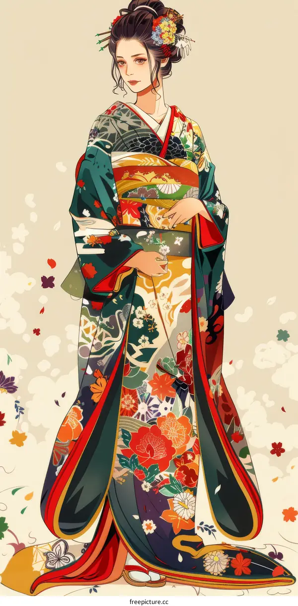 A woman wearing a kimono with a floral pattern