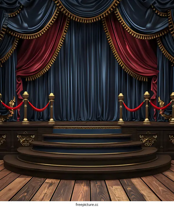 Dark Blue and Red Stage Curtains With Golden Trim and Wooden Steps