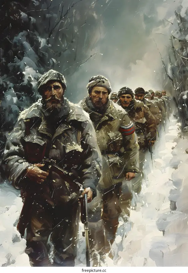 A group of soldiers trudging through the snow during the Winter War