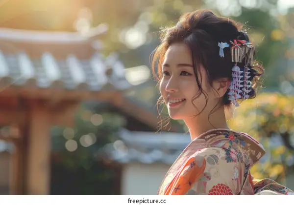 Portrait of a beautiful Japanese woman in traditional kimono smiling
