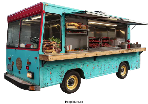 [Transparent Background PNG]Vintage Turquoise Food Truck with Wooden Countertop