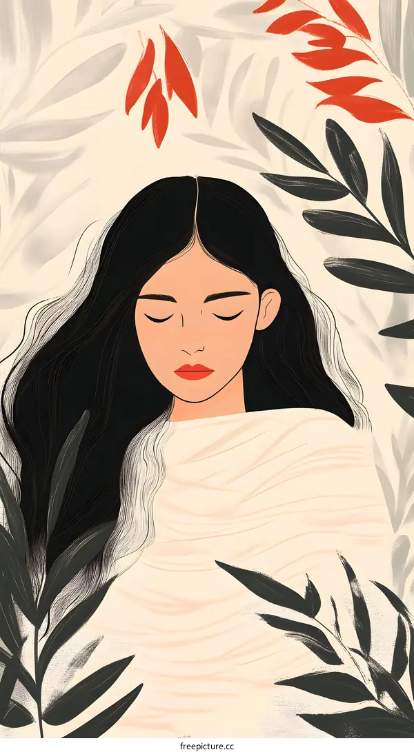 Woman Sleeping in Leaves Illustration