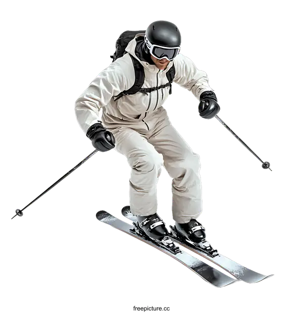[Transparent Background PNG]Skier in White Suit with Black Ski Poles on transparent background
