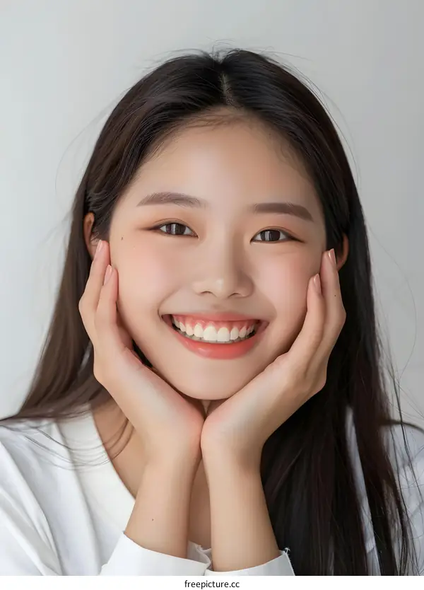 Portrait of a Smiling Asian Woman with Long Black Hair