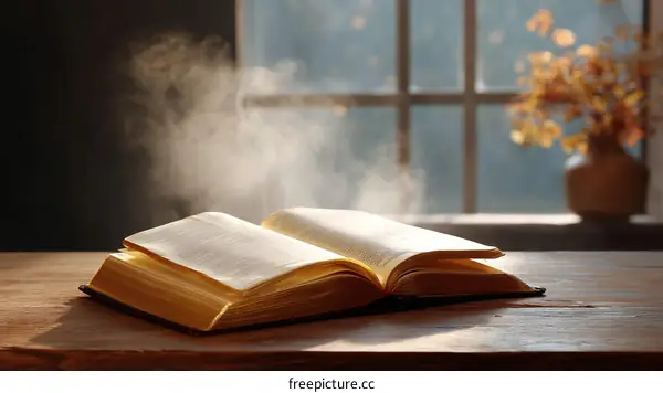 Open Book on Wooden Table near Window with Sunlight