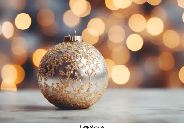 Gilded Christmas Ornament on Wooden Table with Bokeh Background