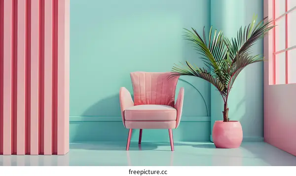 Pink Velvet Chair With Palm Plant in Minimalist Room