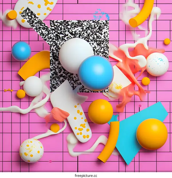 Abstract 3D Shapes and Geometric Forms on a Pink Grid Background