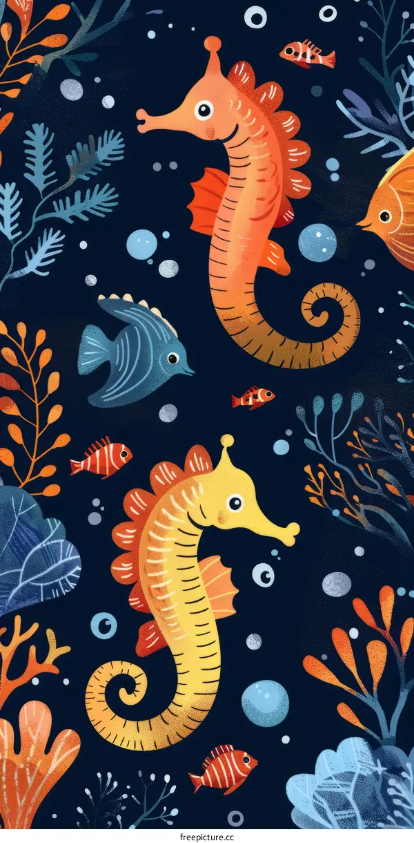 Colorful illustration of seahorses and tropical fish