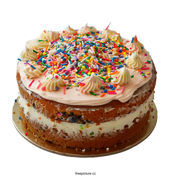 [Transparent Background PNG]A cake with pink frosting and rainbow sprinkles sits on a white surface.