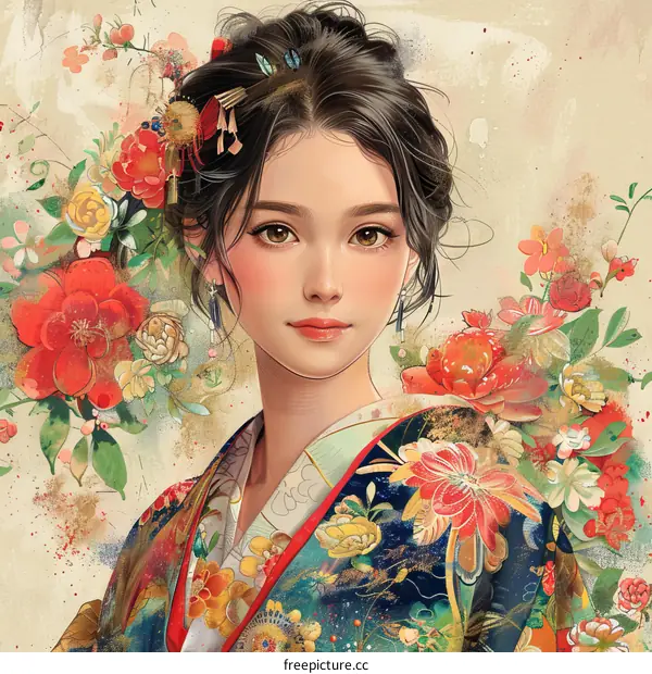 An illustration of a beautiful woman in a kimono with flowers in her hair.