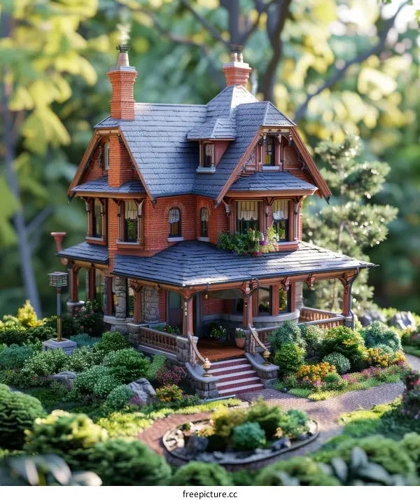 Miniature Victorian House Model with Lush Landscaping