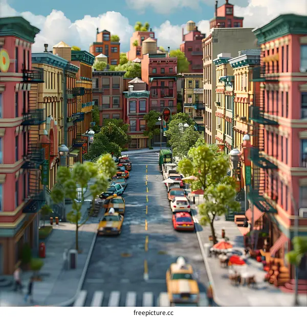 A Small City Street With Colorful Buildings and Green Trees